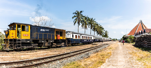 This train is providing passenger service between Phnom Penh and Kampot. The Royal Railway business is to provide freight logistic services to Cambodia it does this by providing a wide range of services, this includes oil Trains, Cement trains, container, Passenger and General Cargo services, Road connection.
