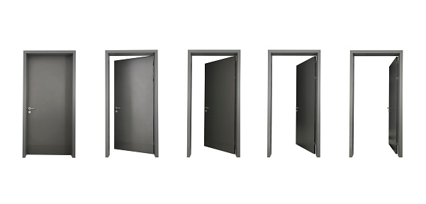 Black doors isolated on white background stock photo
