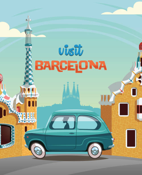 푸른 차에, 겔 공원을 통해 타고, 바르셀로나의 랜드 마크, 푸른 차에 - barcelona stock illustrations