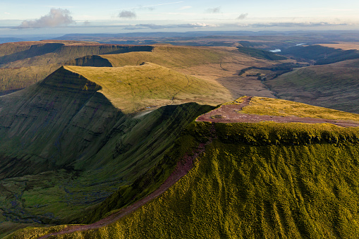 Aerial view of the summit of Pen-y-Fan,  the tallest peak in South Wales, UK