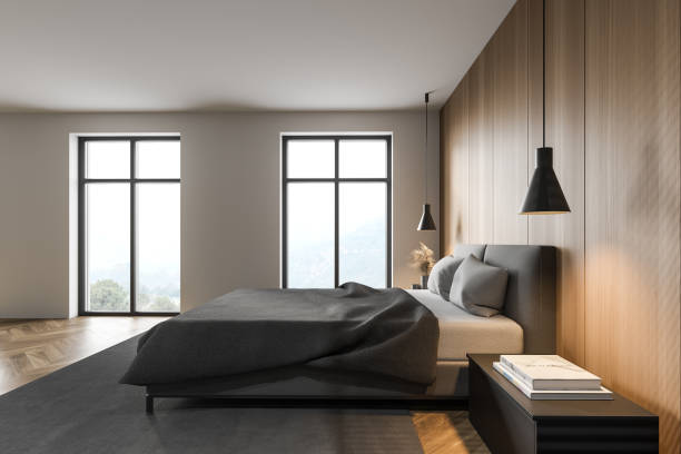 istock White and wooden master bedroom interior, side view 1294344787
