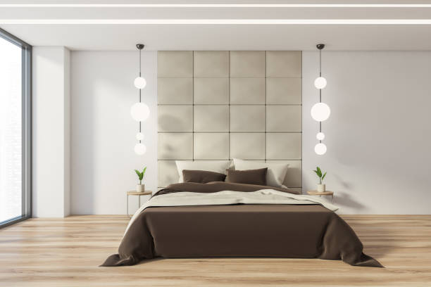 istock Gray and beige bedroom interior 1294345601