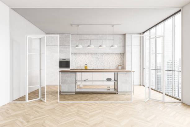 istock Marble kitchen interior with cupboards and island and corridor 1294345696