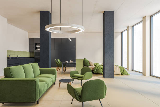 istock Green room living apartment studio with bed, sofa and kitchen 1294345816