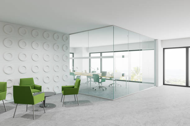 istock White office waiting room corner with green armchairs 1294346408
