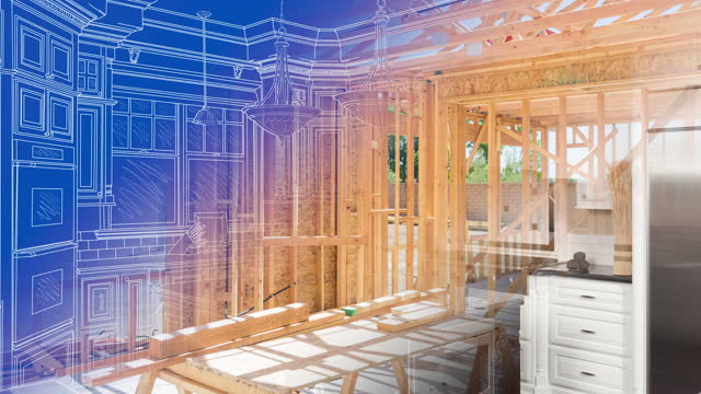 Wood Custom Kitchen Blueprint Drawing Transitioning to Construction Framing to Completed Build