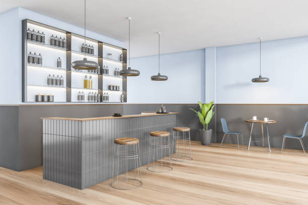 istock Blue and grey cafe interior with counter and tables with chairs on parquet 1294346632