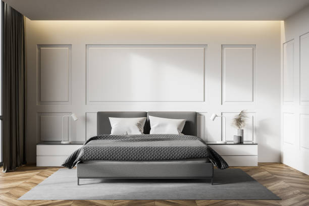 White master bedroom interior with bed Interior of modern master bedroom with white walls, wooden floor and comfortable king size bed. 3d rendering owner's bedroom stock pictures, royalty-free photos & images