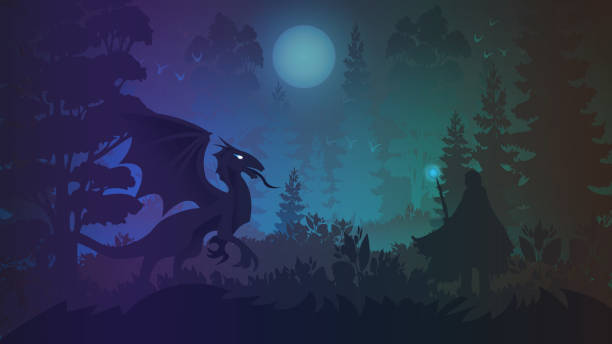 ilustrações de stock, clip art, desenhos animados e ícones de epic battle of the magician and the dragon in the forest. vector illustration for the design of children's and teen books in the style of fantasy and science fiction. - book monster fairy tale picture book