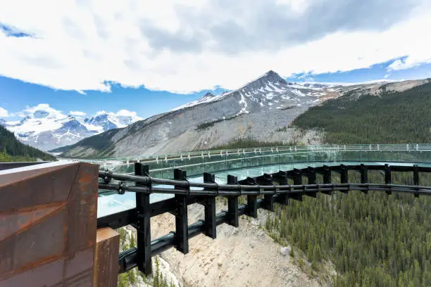 Columbia Icefield  Skywalk During Summer in Jasper National Park. The footpath is empty which is very rare but with the Covid-19 pandemic, less people are traveling. It is a beautiful sunny day. The view on the glacier is majestic.