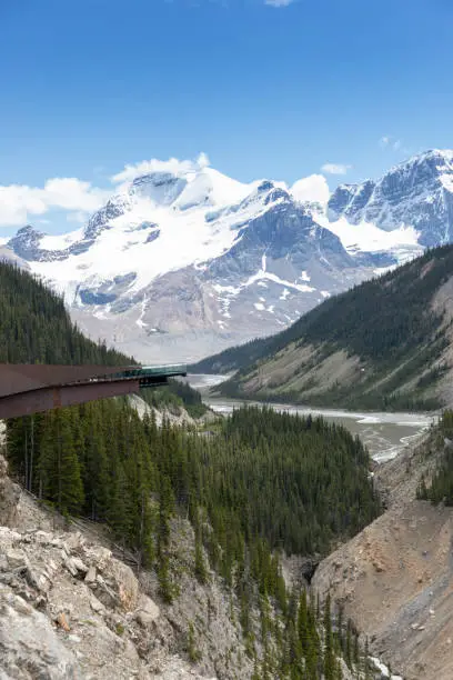 Columbia Icefield  Skywalk During Summer in Jasper National Park. The footpath is empty which is very rare but with the Covid-19 pandemic, less people are traveling. It is a beautiful sunny day. The view on the glacier is majestic.