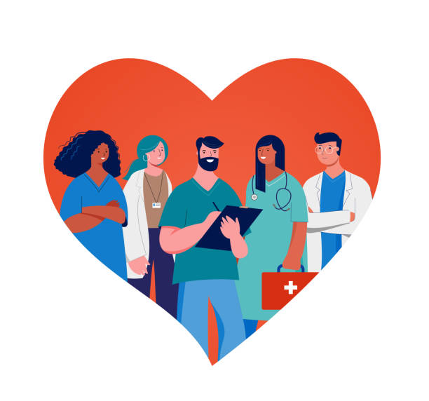 Thank you doctors and nurses concept design - group of medical professionals on a red heart background Thank you doctors and nurses concept design - medical staff on a red heart background. Vector illustration senior getting flu shot stock illustrations