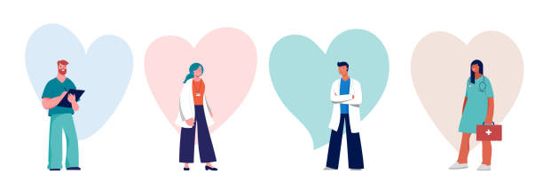 Doctors and nurses concept design - group of medical professionals on a heart background Doctors and nurses concept design - group of medical professionals on a heart background. Vector illustration senior getting flu shot stock illustrations