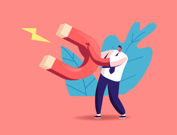 tiny businessman charakter gospodarstwa ogromny magnes w rękach przyciąga nowych klientów, technologii przychodzących, ołowiu generacji - miłość od pierwszego wejrzenia stock illustrations