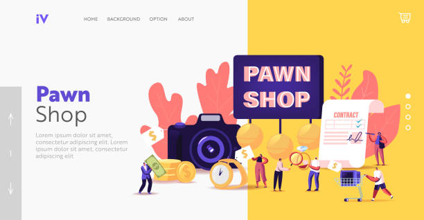 ilustrações de stock, clip art, desenhos animados e ícones de characters bringing scrap to pawn shop landing page template. customers buy and sell ancient precious metals, jewels - scrap gold illustrations