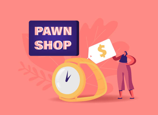 ilustrações, clipart, desenhos animados e ícones de personagem feminina minúscula perto de huge gold watch em pawn shop concept. cliente compra ou vende metais preciosos, joias - gold jewelry paper currency scrap metal