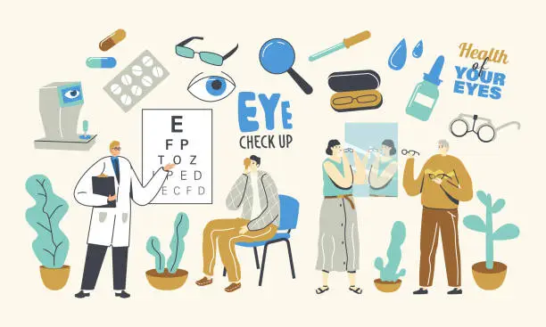 Vector illustration of Professional Eyesight Diagnostics, Optician Exam Vision Treatment. Doctor Character Check Vision for Eyeglasses Diopter