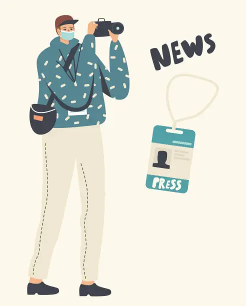 Vector illustration of Photographer or Reporter Journalist Shooting on Camera Cinema Award Ceremony, Press Conference or Festival, Paparazzi