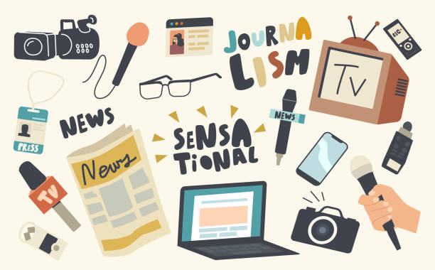 Set of Icons Journalistics Profession Theme. Microphone, Photo or Video Camera, Laptop and Newspaper, Tv Set, Eyeglasses Set of Icons Journalistics Profession Theme. Microphone, Photo or Video Camera, Laptop and Newspaper, Tv Set, Eyeglasses, and Badge for Press Confrenece. Journalist Tools. Linear Vector Illustration paparazzi photographer illustrations stock illustrations
