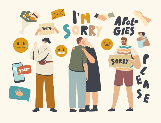 ilustrações de stock, clip art, desenhos animados e ícones de male female characters apologize. people say sorry, hugging each other and ask to forgive for mistake or offensive words - forgiveness