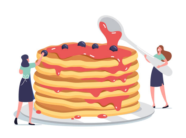 istock Tiny Female Characters Pouring Huge Stack of Fresh Hot Pancakes with Sweet Syrup and Decorate with Fresh Berries 1294349614