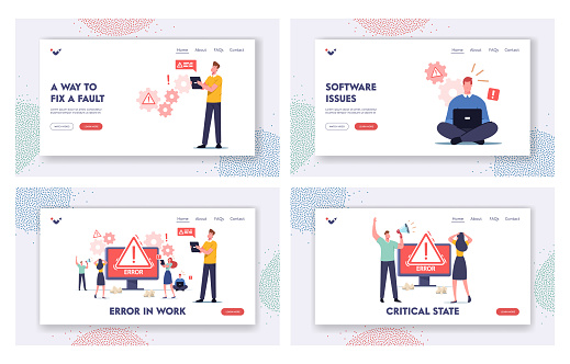 Work Error Landing Page Template Set. Tiny Male and Female Characters Hold Gadgets. Website 404 Page Not Found, Broken Internet Connection Site Under Construction. Cartoon People Vector Illustration