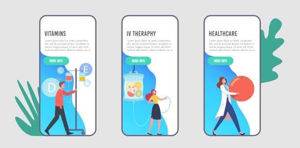 ilustraciones, imágenes clip art, dibujos animados e iconos de stock de vitaminas dripping, iv therapy mobile app page onboard screen template. los personajes aplican infusión intravenosa en el hospital - healthcare and medicine multi colored cell backgrounds