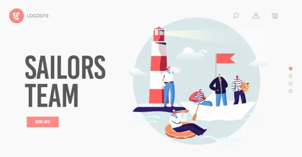 Vector illustration of Sailors Landing Page Template. Ship Crew Characters in Uniform at Beacon in Ocean. Captain, Sailors on Paper Boat