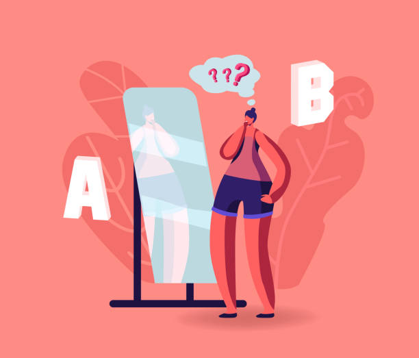 Girl Make Important Decision Stand at Mirror Choosing Between A or B Variants. Female Character Doubts, Pros and Cons Girl Make Important Decision Stand at Mirror Choosing Between A or B Variants. Female Character Doubts, Pros and Cons of Something, Advantages or Disadvantages Choose Wear. Cartoon Vector Illustration mirror writing stock illustrations