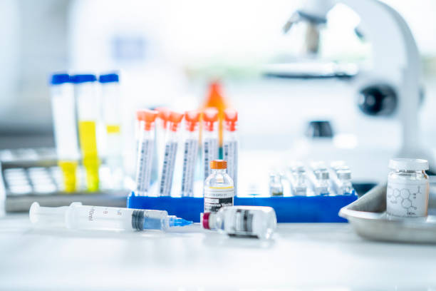 A photo showing a bottle of the COVID-19 vaccine during its clinical trials stage at a medical laboratory.