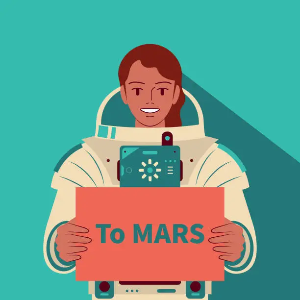 Vector illustration of Smiling beautiful female astronaut (spaceman) without helmet holding a sign with the text 