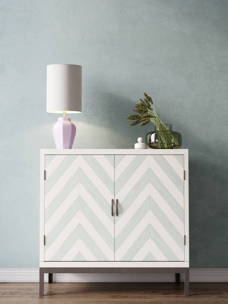 istock Interior wall mockup, modern console with pink lamp, decorative green vase. 1294355362