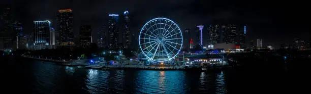 Photo of Night aerial panorama Miami Skyviews ferris wheel at Bayside Marketplace reflection in water