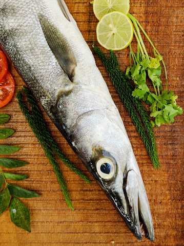 Fresh Barrcuda fish or sea pike fish decorated with herbs and vegetables on a wooden pad.White background.Selective focus