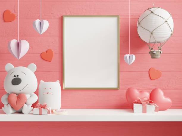 Mock up poster frame in valentine room,posters on empty white wall background. Mock up poster frame in valentine room,posters on empty white wall background,3D rendering stereoscopic image photos stock pictures, royalty-free photos & images