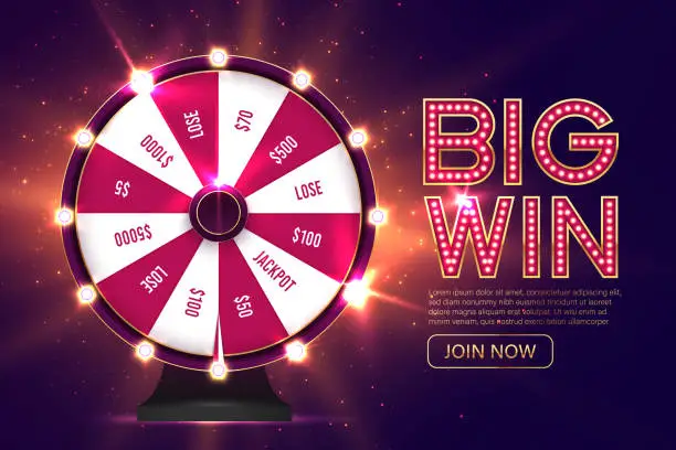 Vector illustration of Casino spinning fortune wheel vector banner template. Rotating roulette, lottery game poster layout. Jackpot Big Win lightbulbs glowing sign. Gambling business. Game of luck playing