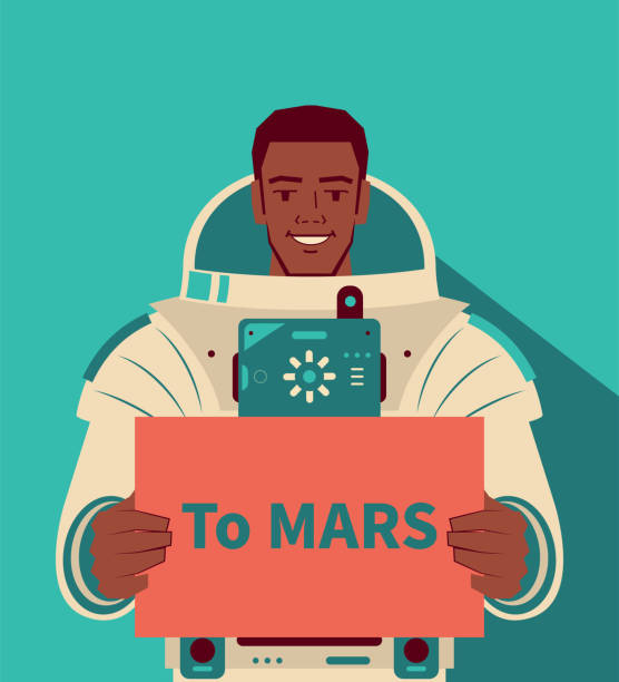 uśmiechnięty przystojny astronauta (kosmówka) bez kasku trzymającego znak z tekstem "na marsa", eksploracja marsa, marsjańscy imigranci, podróże kosmiczne i eksploracja, konkurencja w kosmosie - mars rover mission stock illustrations