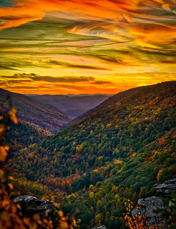 Sunset over.the Blackwater Canyon and Allegheny Mountains from the  Lindy Point Lookout. Blackwater State Park in West Virginia