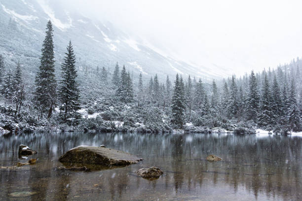 Snowing winter landscape with the lake in Tatra mountains stock photo