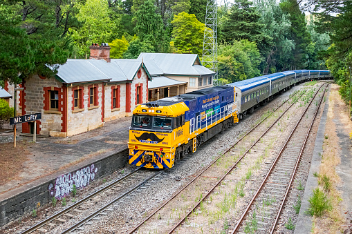 Adelaide, Australia - Jan 03, 2021: Given a reprieve by the Victorian Government in 2020 only to be shut down again by Covid-19 border closures, the 133-year old Overland Train linking the capital cities of Adelaide and Melbourne began running again today (Jan 3, 2021). The train is being hauled by NR66, one of Pacific National's locomotives in promotional livery with slogans plus a huge black Moustache supporting the \