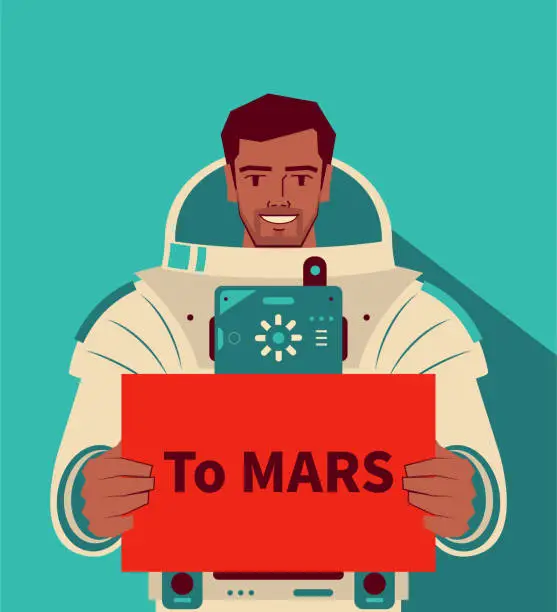 Vector illustration of Smiling handsome astronaut (spaceman) without helmet holding a sign with the text 
