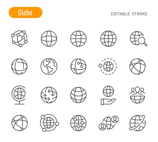 globe icons - linienserie - bearbeitbarer strich - weltkarte stock-grafiken, -clipart, -cartoons und -symbole