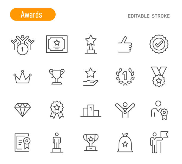 ilustraciones, imágenes clip art, dibujos animados e iconos de stock de iconos de premios - serie línea - trazo editable - shield shape sign design element