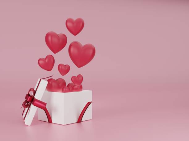 illustrazione 3d dell'amore e di san valentino, scatola regalo bianca e cuore rosso galleggiano sullo sfondo rosa. rendering 3d - gift box foto e immagini stock