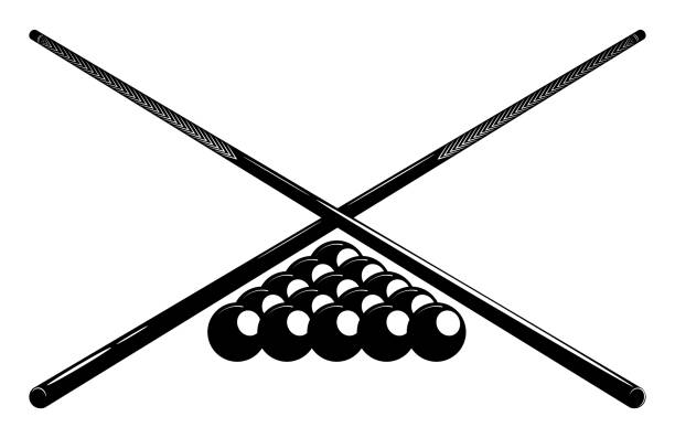 Crossed billiard cues and pool ball set. Symbol, emblem of billiard competition. Sports equipment. Vector Crossed billiard cues and pool ball set. Symbol, emblem of billiard competition. Sports equipment. Vector pool cue stock illustrations