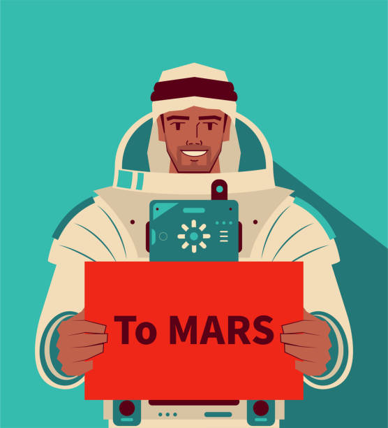 ilustraciones, imágenes clip art, dibujos animados e iconos de stock de sonriente apuesto astronauta (hombre espacial) sin casco sosteniendo un cartel con el texto "a mars", exploración de marte, inmigrantes de marte, viajes espaciales y exploración, competencia en el espacio exterior - mer people