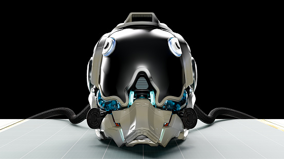 Robot head or science fiction helmet. 3D Render.
