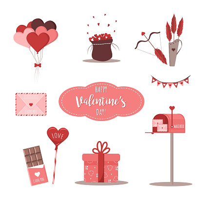 Valentine design elements with post, cupid arrows, bow, candy, gift and hearts. Mailbox with love letters. Cute set for Valentines day. Vector illustration in flat cartoon style