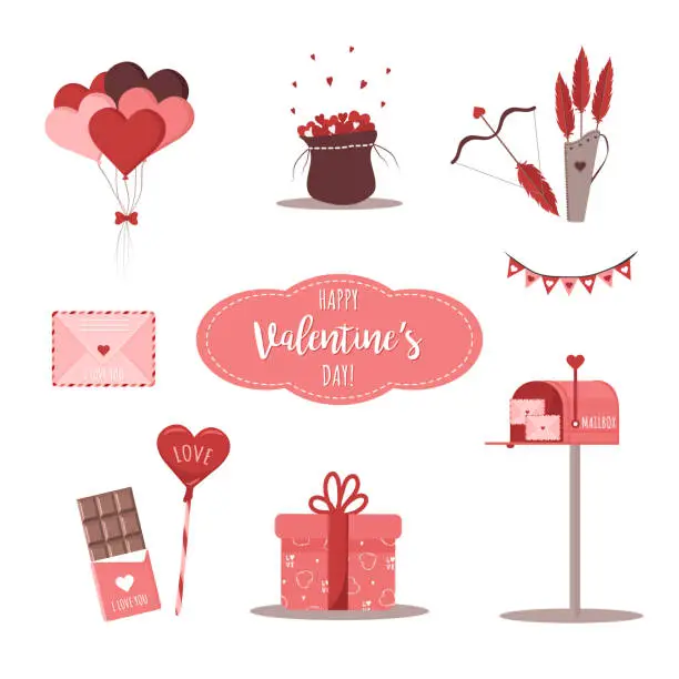 Vector illustration of Valentine design elements with post, cupid arrows, bow, candy, gift and hearts. Mailbox with love letters. Cute set for Valentines day. Vector illustration in flat cartoon style.