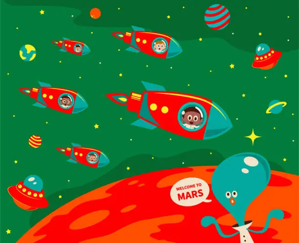 Vector illustration of The space race is going at full speed, multi-ethnic astronaut (spaceman) on a rocket (spaceship, space shuttle) flying in outer space, exploration of Mars, Mars immigrants, space travel and exploration, competition in outer space